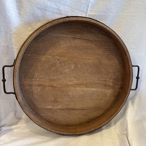 Pottery Barn Large Flat Wine Barrel Wooden Handled Tray 17" Round Discontinued