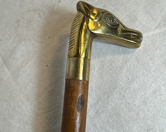 Vintage Messing Pferdekopf Cane Gehstock Holz 35 "zusammenklappbare versteckte Flasche