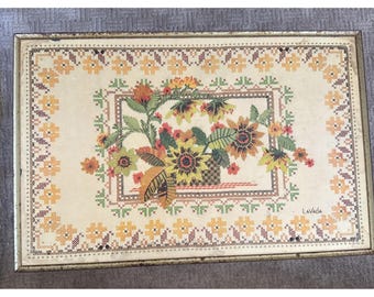 Vintage 1970s Lavada MCM Needle Point Tv Dinner Trays Tables 2 Set Floral