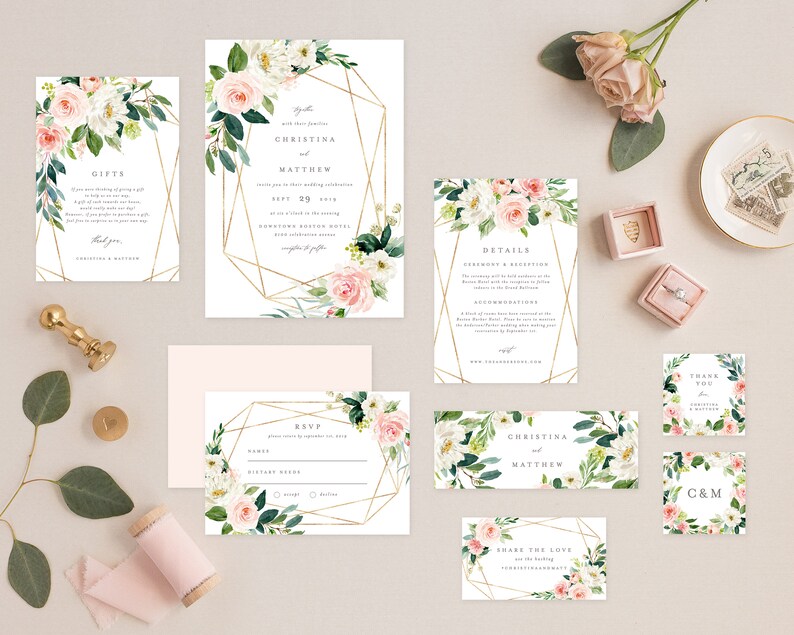 Editable Template - Instant Download Geometric Spring Romance Complete Wedding Invitation Suite 002 