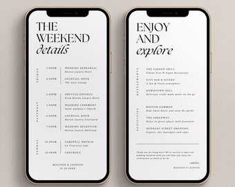 Electronic Digital Wedding Guest Itinerary Canva Templates - Shareable Editable Instant Download Mobile Text Minimalist Weekend Schedule