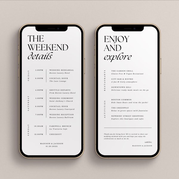 Electronic Digital Wedding Guest Itinerary Canva Templates - Shareable Editable Instant Download Mobile Text Minimalist Weekend Schedule