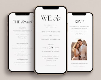 Electronic Digital Wedding Invitation Canva Template Package - Shareable Mobile Text Instant Download Invite, RSVP and Details Card