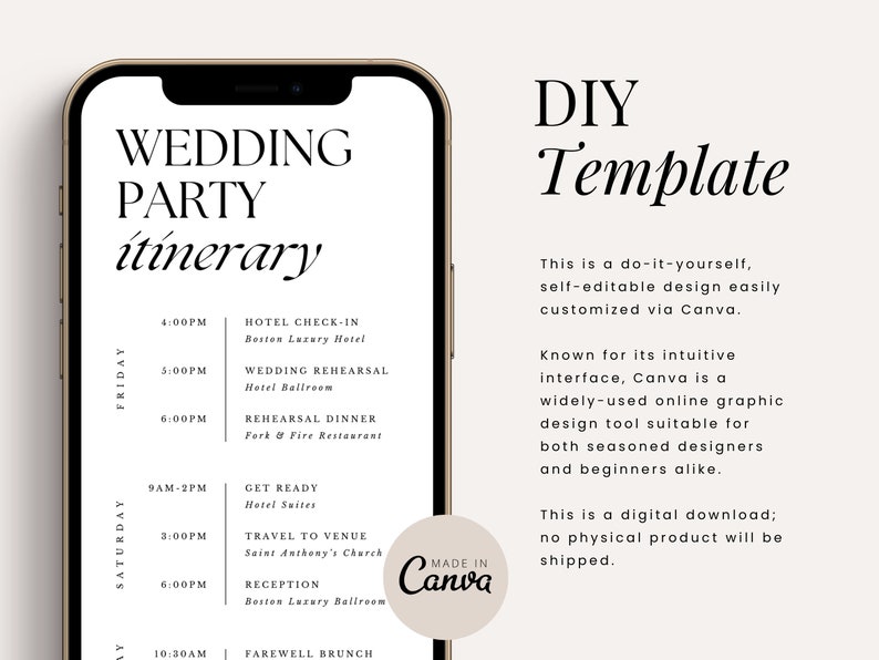 Electronic Digital Wedding Party Itinerary Canva Template Package Bridesmaids & Groomsmen Shareable Mobile Text Instant Download image 2