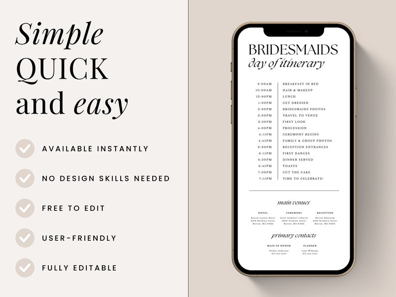 Electronic Digital Wedding Party Itinerary Canva Template Package Bridesmaids & Groomsmen Shareable Mobile Text Instant Download image 3