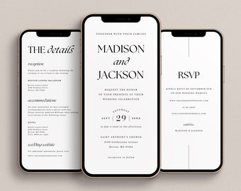 Electronic Digital Wedding Invitation Canva Template Package - Shareable Mobile Text Instant Download Invite, RSVP and Details Card