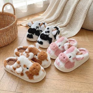 Cute Cow Slippers – Cozy Plush Cow House Shoes, Warm Animal Slippers, Funny Kawaii Gifts for Women & Kids, Soft Winter Indoor Shoes