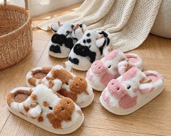 Cute Cow Slippers – Cozy Plush Cow House Shoes, Warm Animal Slippers, Funny Kawaii Gifts for Women & Kids, Soft Winter Indoor Shoes