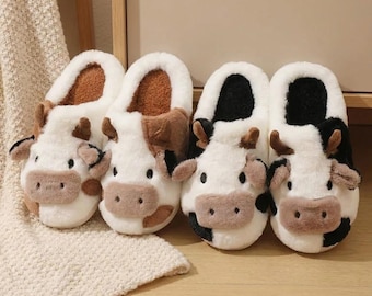 Pantuflas de vaca adorables: acogedoras pantuflas de peluche de vaca, cálidas pantuflas de animales para mujeres y niños, suaves y peludas, para el invierno, regalo kawaii.