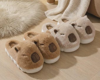 Bonitas pantuflas de capibara: acogedoras pantuflas de peluche, cálidas y peludas para mujer, suaves pantuflas de invierno para interiores, regalo kawaii.