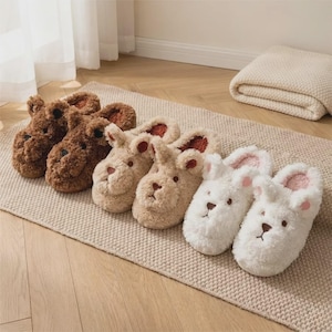 Cute Bear & Bunny Slippers – Cozy Plush Animal Slippers, Warm Fuzzy House Shoes for Women, Kids, Soft Winter Indoor Slippers, Kawaii Gif