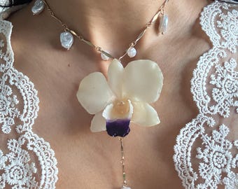 Real Orchid Pendant, Orchid Pearl Necklace, Handmade Botanical Jewellery