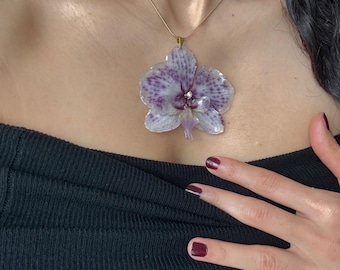 Wisiorek z żywicy w kształcie orchidei, naszyjnik z prawdziwym kwiatem