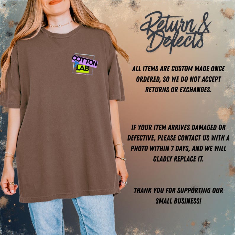May include: A brown t-shirt with the text "COTTON LAB" in a colorful design on the front. The shirt has short sleeves and is worn with blue jeans. Text on the right side of the image reads "Return & Defects".