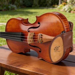 May include: A varnished wooden violin with a brown leather shoulder rest. The violin has black strings, a wooden bridge, and a scroll design. The leather rest has a floral and violin graphic with the text "Violin is my life".