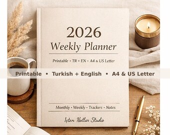 2026 Weekly Planner Printable Turkish English - Minimal Beige planner pdf - A4 and Us Letter - Monthly Weekly - Habit and Expense Trackers