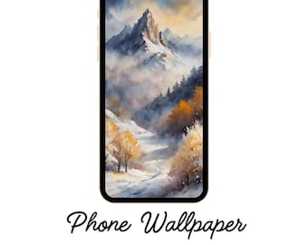 May include: A smartphone displays a watercolor landscape of snow-covered mountains, trees, and a winding road. The phone is black with a gold trim. The text "Phone Wallpaper" and "Instant Download" are below the phone.