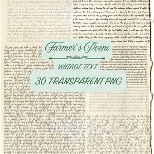 Puede incluir: Arte digital de estilo vintage con el texto "Farmer's Poem" y "Vintage Text" sobre un fondo de papel envejecido y texturizado. La imagen también incluye el texto "30 Transparent PNG". El diseño evoca una estética rústica y clásica.