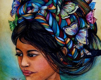 Latin woman with butterflies in hair art print. Claudia Tremblay.