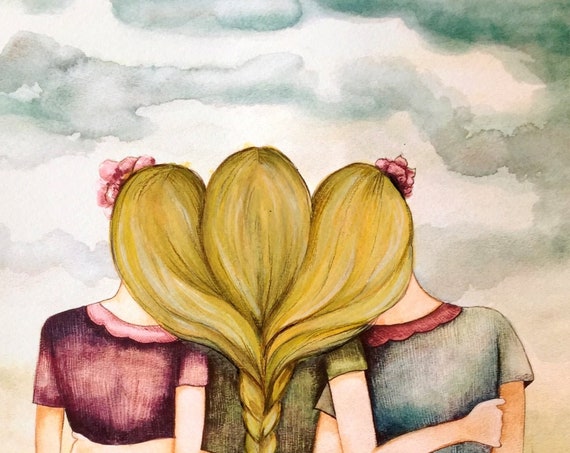 Sibling gift| Three blonde hair sisters best friends art print woman artwork