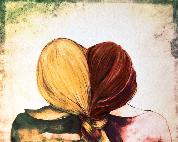 sister gift to sister, gift for friend, intertwined hair, braided hair ,wall art gift for sister sisters art print auburn and blonde hair