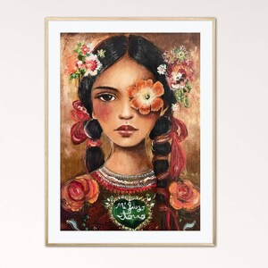 Mi Fuego Eterno – Floral Portrait Art Print, Latina Inspired Wall Art, Boho Folk Style.