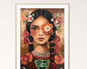 May include: A framed portrait of a woman with dark hair adorned with flowers. A large orange flower covers one eye. The woman wears a floral embroidered top with a green heart-shaped emblem that reads "Mi justo eterno".