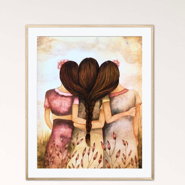 Sister gifts, best friends gift, three sisters art print, claudia tremblay, 3 braided sister art print