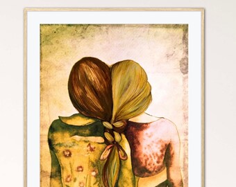 Two sisters braided hair art print. .