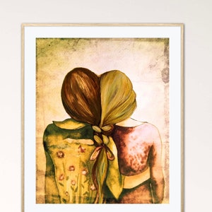 Two sisters braided hair art print. Claudia Tremblay.