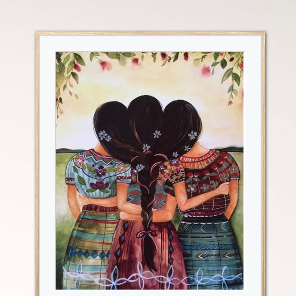 Siblings gift| sister gift to sister| gift for friend| intertwined hair| braided hair |wall art gift for sister Guatemalan sisters art print