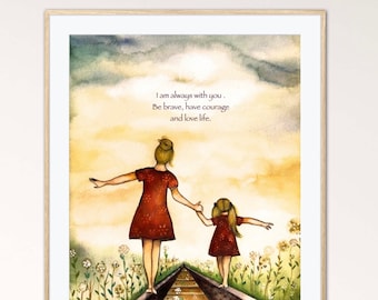 Mother and daughter on train tracks art print. Claudia Tremblay.