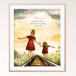 Mother and daughter on train tracks art print. Claudia Tremblay.