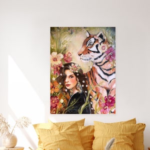 Regalo per lei, decorazione per la cameretta delle bambine, tigre e bambina nella giungla, stampa su carta, regalo per lei, opera d&#39;arte contemporanea, decorazione da parete.