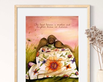 Mother and daughter in flower blanket art print, handmade art print, gift for her.