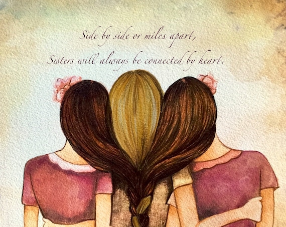 Siblings gift| Three sisters vintage  2 brown and a blonde. woman artwork