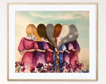 May include: A watercolor painting of four women standing back to back with their hair braided together in the shape of a heart. The women are wearing purple and pink dresses and are standing in a field of flowers.