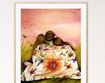 Mother and 2 daughters in flower blanket art print. Claudia Tremblay.