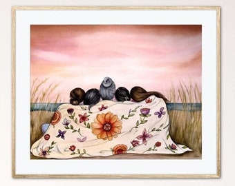 Mother and 4 daughters art print. Claudia Tremblay.