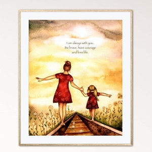 Mother and daughter on train tracks art print. Claudia Tremblay.