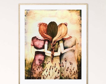 Sister gifts, best friends gift, three sisters art print, claudia tremblay, 3 braided sister art print