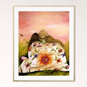 Mother and 2 daughters in flower blanket art print. Claudia Tremblay.