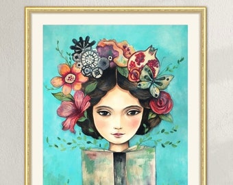 Book lover art, Gift for her, girl reading book, cozy nook decor, whimsical portraits,  art print.
