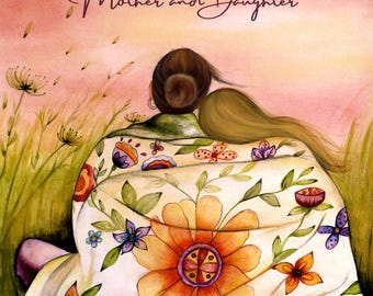 Mother Daughter Art Print, Floral Blanket, Cottagecore Wall Decor