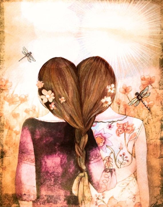 Sister Art Print, Best Friend Gift, Whimsical Watercolor of Two