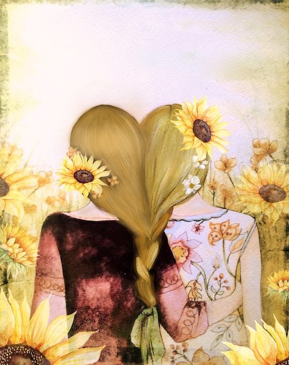 Sister Art Print, Best Friend Gift, Whimsical Watercolor of Two