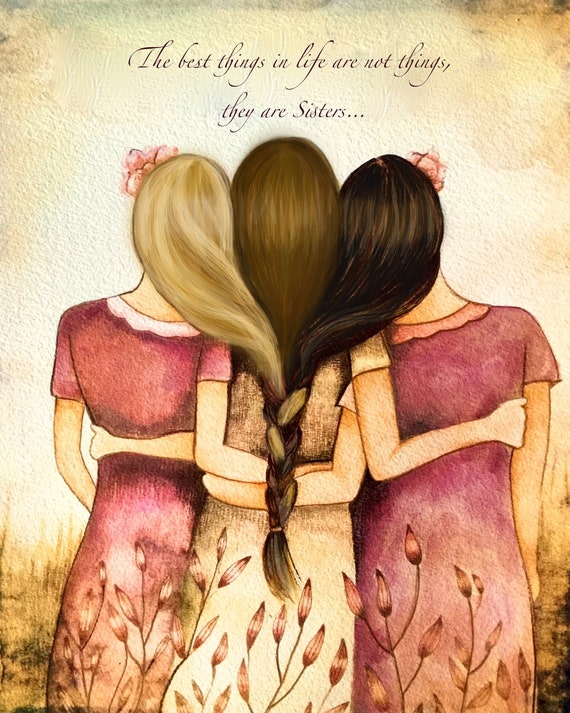 Three sisters best friends intertwined braids woman artwork