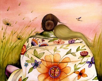 Mother Daughter Art Print, Sentimental Bond, Whimsical Floral Design