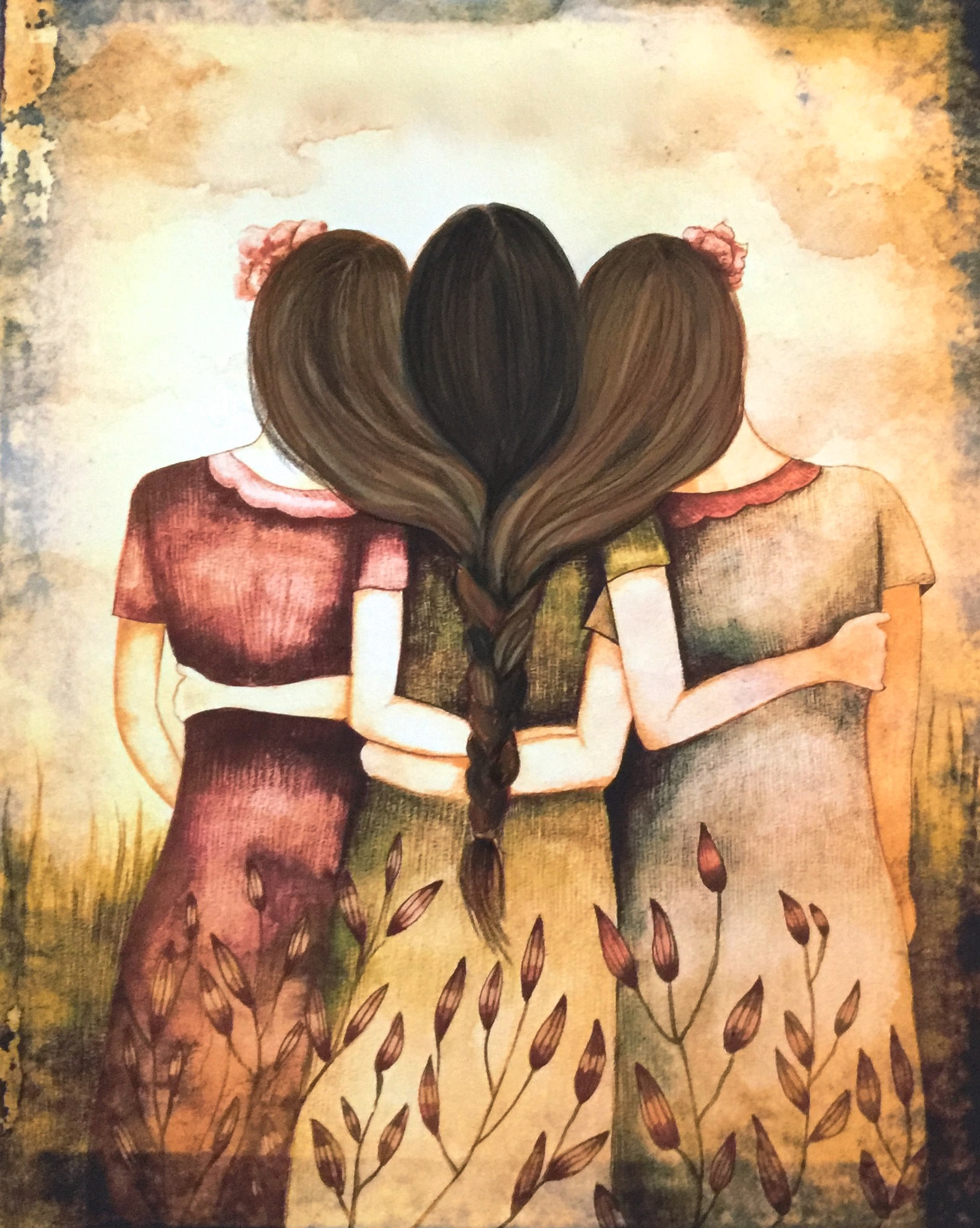 Sibling gift, Three sisters art print 2 brown and dark brown