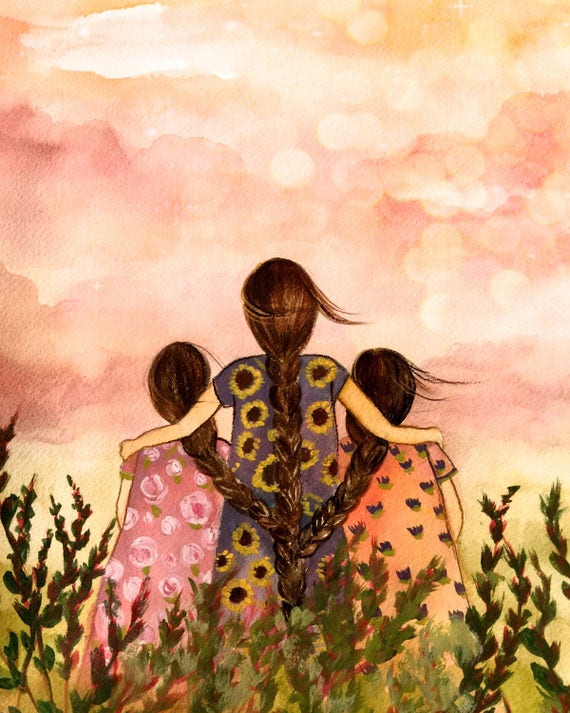 art print| gift for mom| wall art decor| love| artwork| gift for  daughter, Mother or sister with two sisters/daughters n artwork